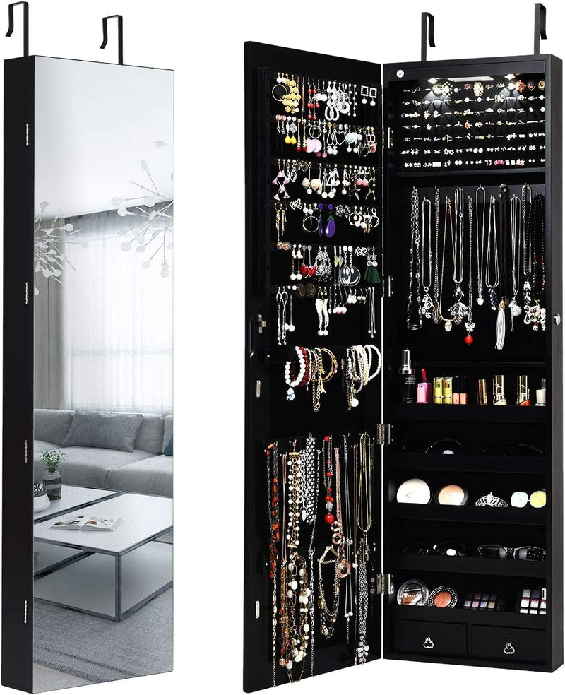 Wall Door Mounted Jewelry Armoire Cabinet with 47.5" H Full Length Mirror, 2 Leds Lockable Jewelry Organizer Box with Bracelet Rod, 2 Drawers, Large Storage Capacity (Black)